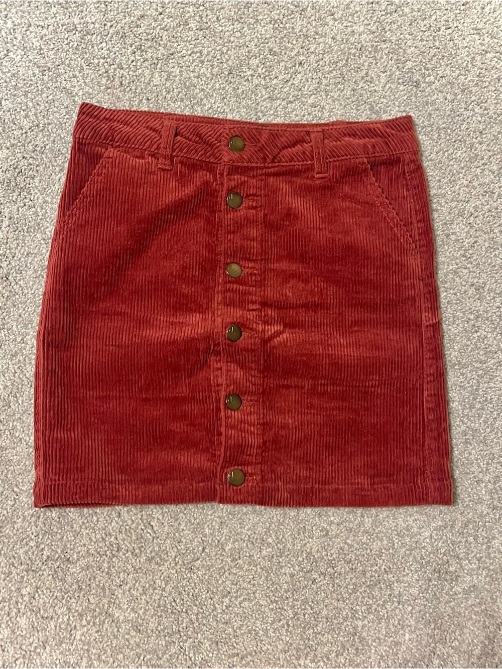 Vintage Button-Front Brick Red Corduroy Mini Skirt, Women’s Size 4